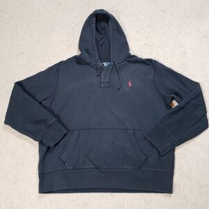 Vintage 90s Polo Ralph Lauren Hoodie Mens XL Black Heavy Weave Pullover Sweater